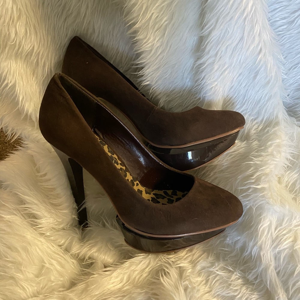 Brown velvet platform heels